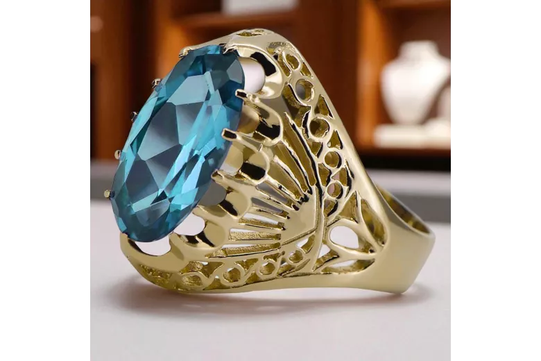 Or jaune 14 carats Aigue-marine Anneau Vintage vrc020y